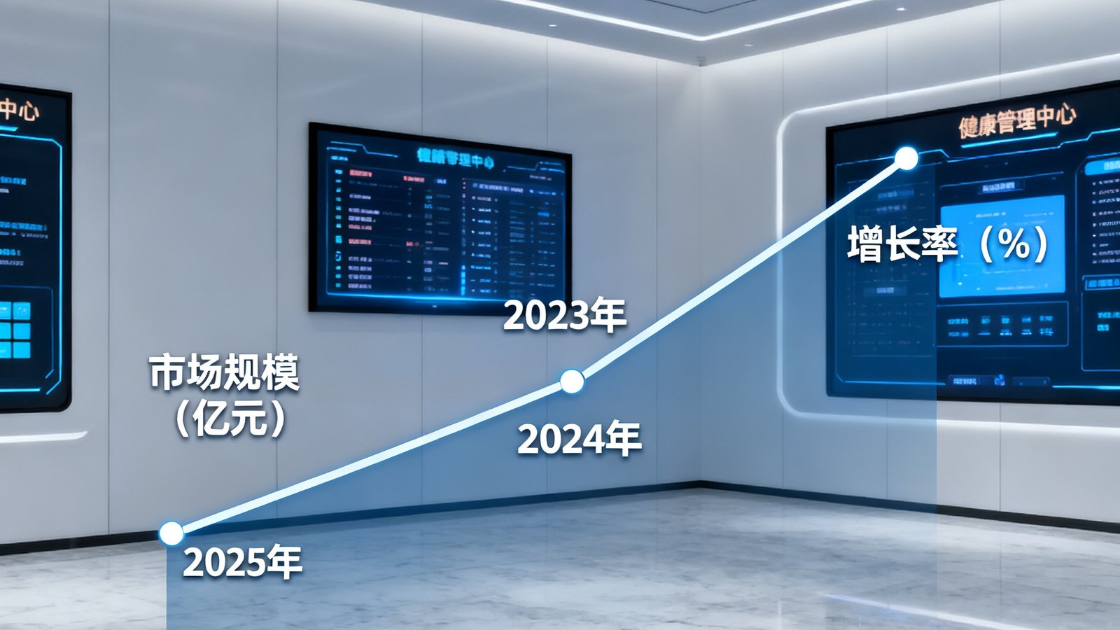 一张展示2025年高端康养市场趋势分析图表的场景，图表线条呈上升态势，背景为现代化的健康管理中心室内