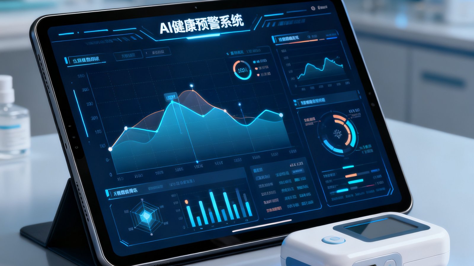 一块显示AI健康预警系统界面的平板电脑屏幕，图表与数据可视化呈现，旁边摆放着便携式医疗检测设备