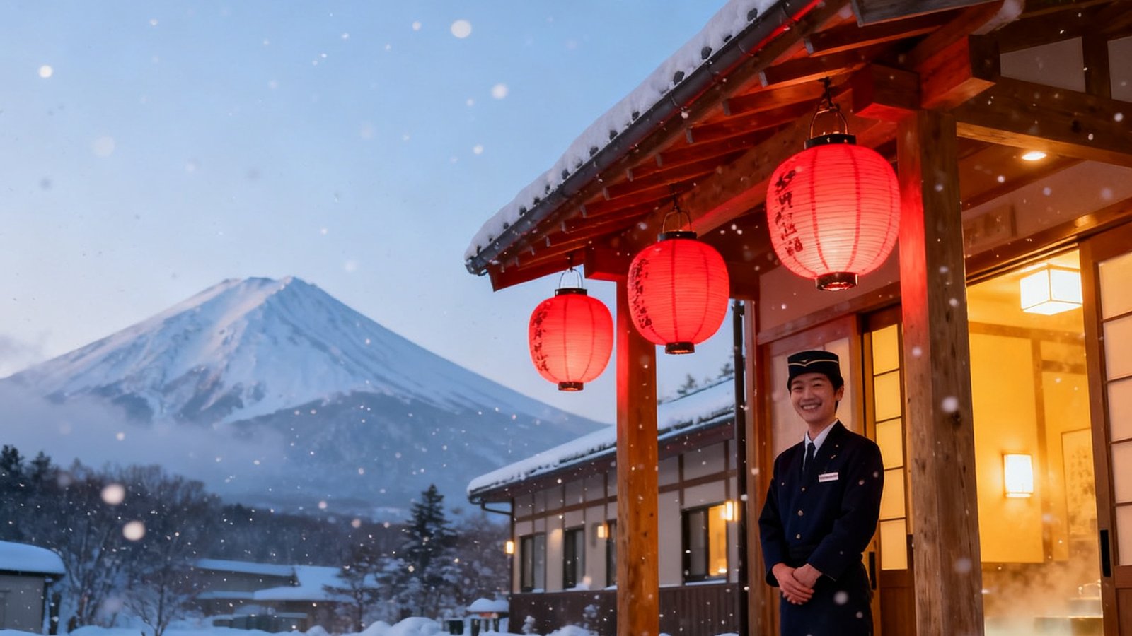 北海道冬日雪景中一处温馨的日式温泉旅馆外景，门口有礼宾人员微笑迎接，远处可见雪山