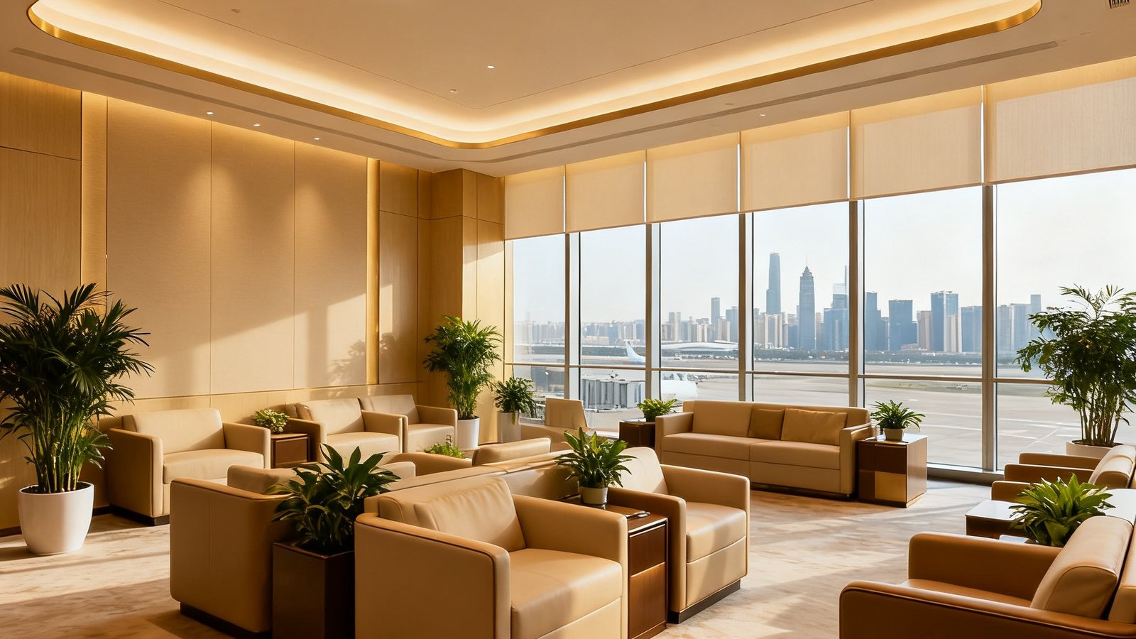 升级后的太阳集团贵宾厅内部全景，雅致的米金色调空间，舒适的沙发区与绿植点缀，落地窗外是城市景观