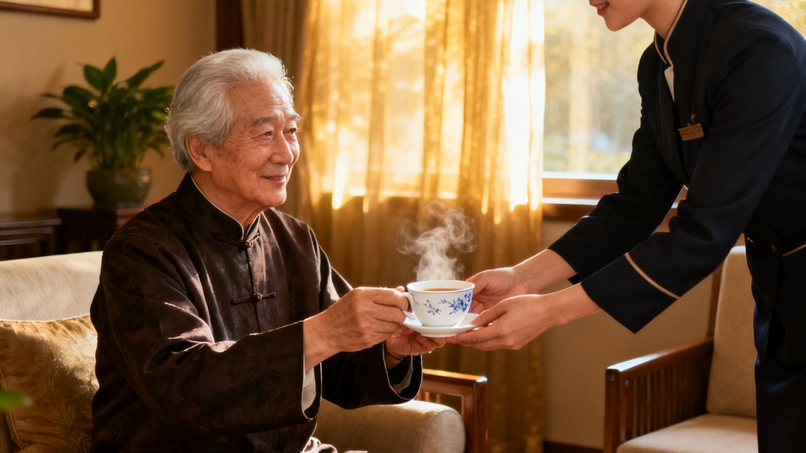 一位精神矍铄的银发长者在温馨雅致的居所中享受专属礼宾管家递上的热茶，窗外阳光柔和洒落，画面传递尊贵安心的晚年生活氛围