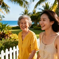 陈女士陪同75岁母亲在花园中散步的温馨合影，母女俩笑容灿烂，背景为旅居地三亚的海景花园